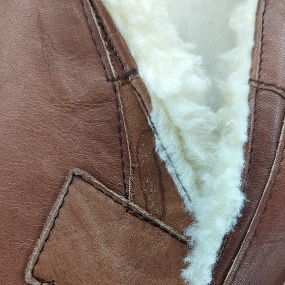 Men's Patchwork Shearling Lining Leather Vest Brown 40 rustic winter bohemian - Picture 6 of 9